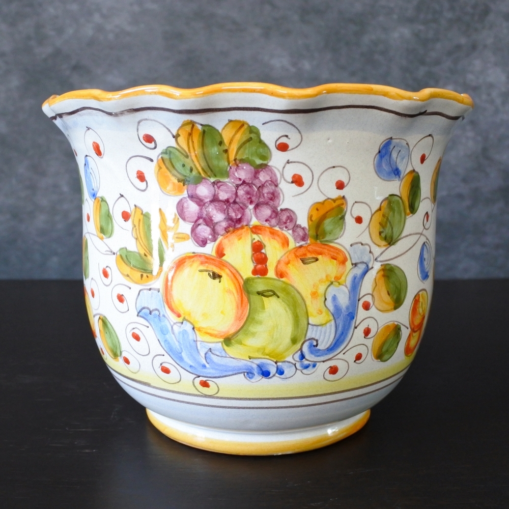 Arte D'Italia Deruta Italy Majolica Fruit Floral Art Pottery Jardiniere Pot